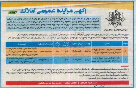 مزایده,مزایده فروش دو رقبه از املاک با عرصه 251 و 500متر