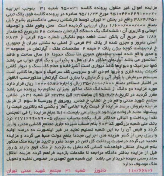 مزایده,مزایده ششدانگ اپارتمان مساحت چهل و هشت متر
