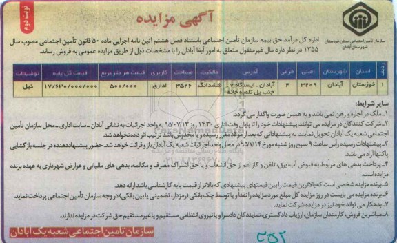 مزایده,مزایده مالکیت ششدانگ کاربری اداری نوبت دوم