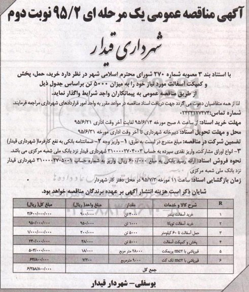 آگهی مناقصه عمومی یک مرحله ای , مناقصه خرید ، حمل ، پخش و کمپکت آسفالت نوبت دوم 