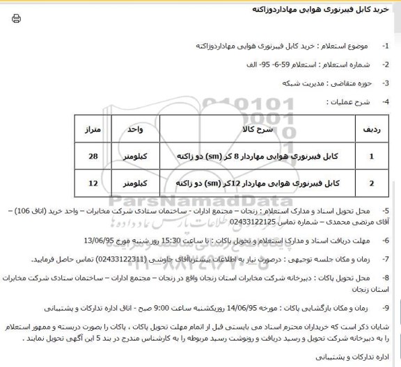 استعلام , استعلام خرید کابل فیبرنوری هوایی مهاداردوژاکته