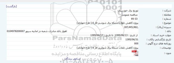 مناقصه عمومی , مناقصه پروژه کاهش تلفات شبکه برق شوشتر فاز 6 طرح جهادی