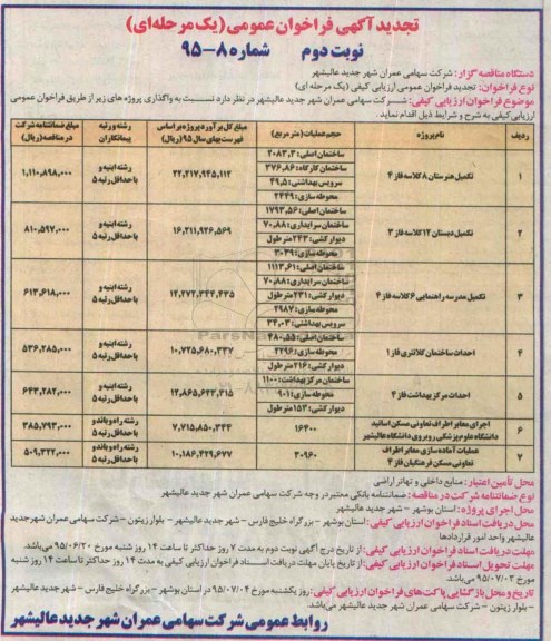 مناقصه , تجدید فراخوان عمومی تکمیل هنرستان 8 کلاسه فاز 4 و ...نوبت دوم 