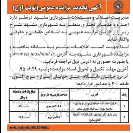 آگهی مزایده عمومی , مزایده اجاره واحد های تجاری