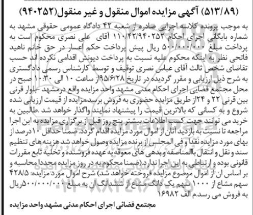 مزایده,مزایده 428.5 سهم مشاع از 1000 سهم یک دانگ مشاع از ششدانگ
