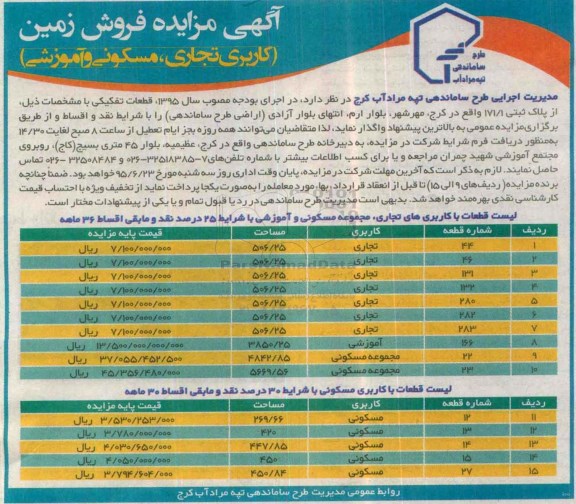 مزایده,مزایده فروش زمین کاربری تجاری مسکونی و آموزشی 