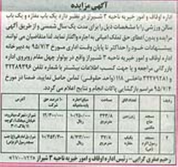 آگهی مزایده , مزایده اجاره یک باب مغازه و یک باب سالن ورزشی