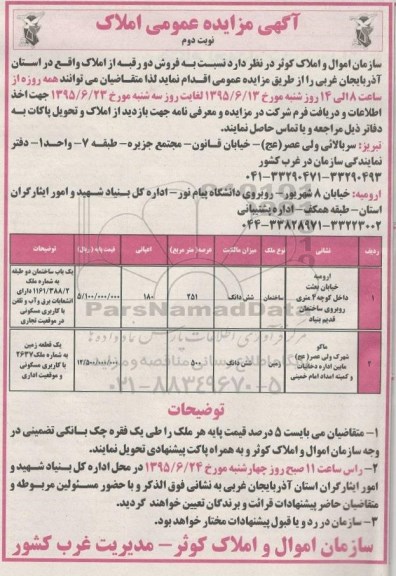 مزایده,مزایده فروش دو رقبه از املاک با عرصه 251 و 500متر نوبت دوم 