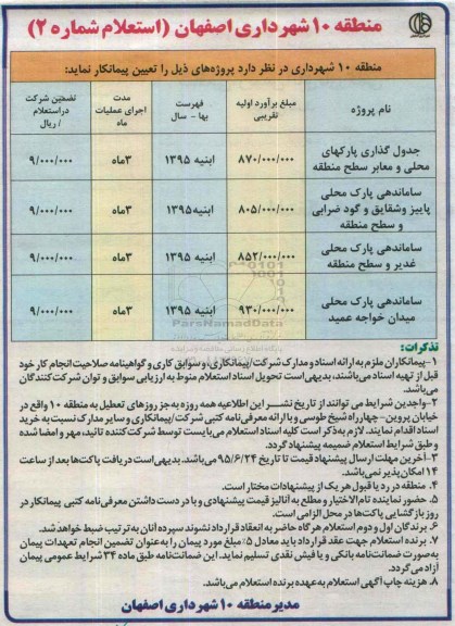 استعلام ، استعلام جدول گذاری پارکهای محلی و معابر سطح منطقه .....