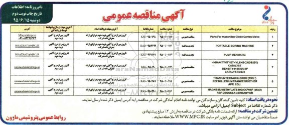 آگهی مناقصه عمومی , مناقصه parts for masonilan- نوبت دوم 