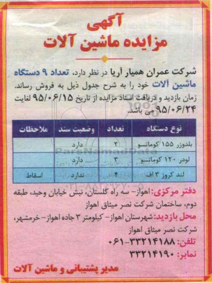 آگهی مزایده, مزایده تعداد 9 دستگاه ماشین آلات