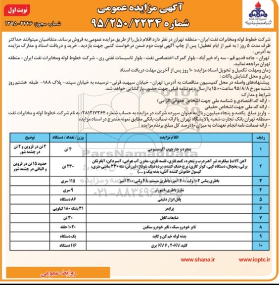 مزایده پنجره و چارچوب آلومینیومی.....