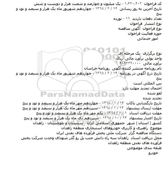 مناقصه راهبری و کاربری خودروهای استیجاری 