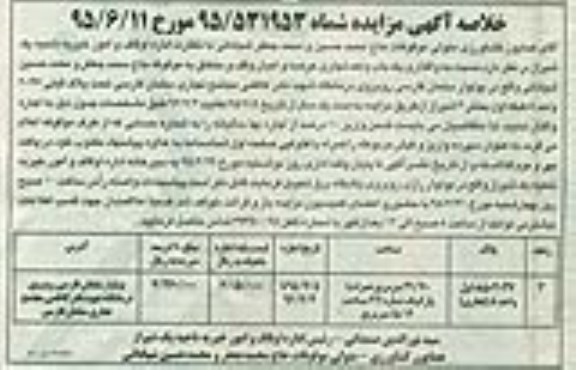 خلاصه آگهی مزایده , مزایده واگذاری اجاره یکباب واحد تجاری عرصه و اعیان