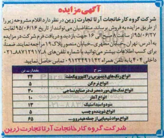 آگهی مزایده , مزایده انواع رنگ های دیپرس ،راکتیو- 95.6.16
