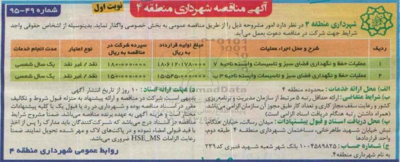 آگهی مناقصه, مناقصه عملیات حفظ و نگهداری فضای سبز و ....