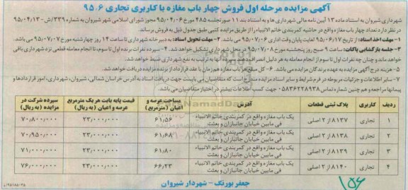 مزایده,مزایده فروش 4 باب مغازه کاربری تجاری 