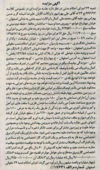 مزایده,مزایده سه دانگ از شش دانگ حق کسب و پیشه مغازه خیاطی