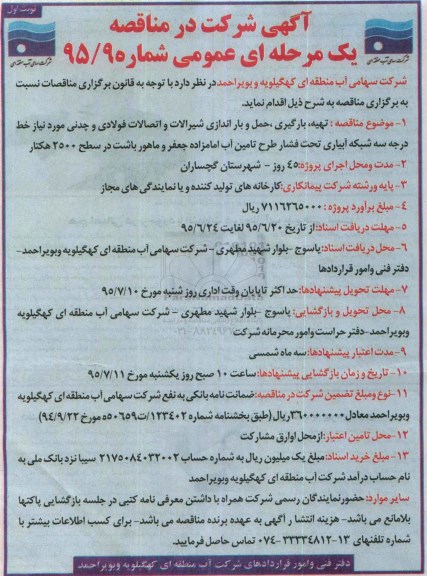 آگهی شرکت در مناقصه, مناقصه تهیه، بارگیری، حمل و باراندازی شیرآلات و اتصالات فولادی و ...