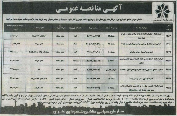 آگهی مناقصه عمومی, مناقصه احداث دیوار حائل در حاشیه بزرگراه خرازی محدوده شهرک نمونه سپاه و ...