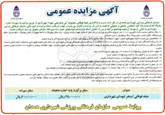 آگهی مزایده عمومی , مزایده واگذاری طبقه فوقانی مجموعه آبی و تفریحی شهداء