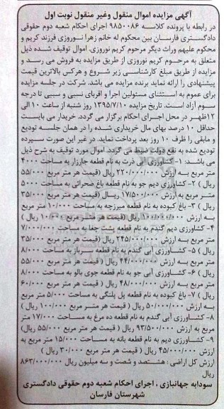 مزایده,مزایده اموال توقیف شده شامل کشاورزی آبی و دیم
