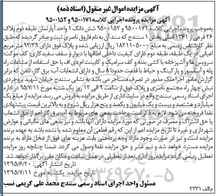 مزایده,مزایده ششدانگ اپارتمان طبقه دوم بخش یک