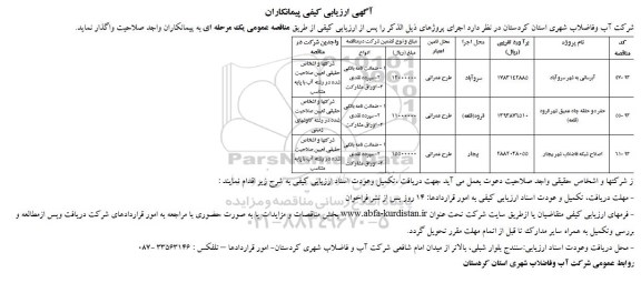 آگهی ارزیابی کیفی پیمانکاران , مناقصه آبرسانی به شهر سروآباد...95.06.20