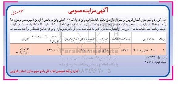 آگهی مزایده عمومی, مزایده اجاره اراضی تحت مالکیت جهت کشاورزی