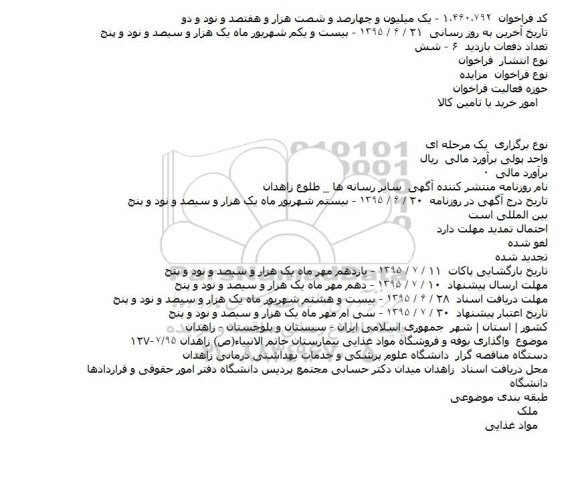 مزایده واگذاری بوفه و فروشگاه مواد غذایی بیمارستان خاتم الانبیاء(ص) 