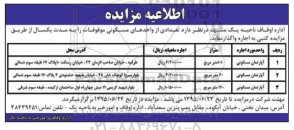 مزایده,مزایده واگذاری تعدادی از واحدهای مسکونی موقوفات
