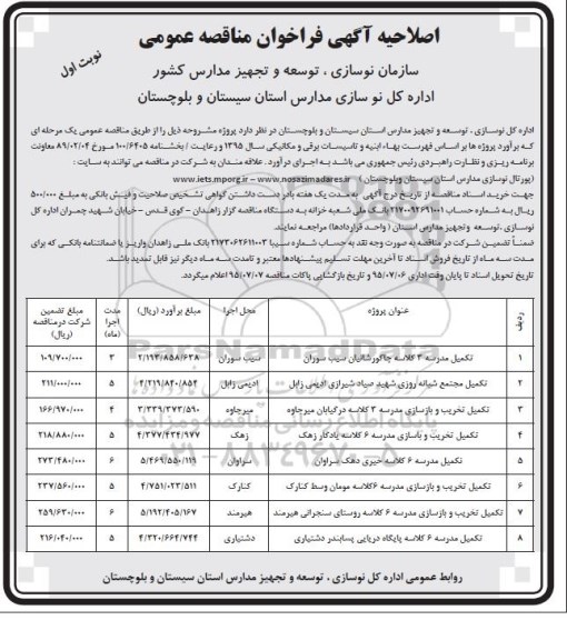 اصلاحیه آگهی فراخوان مناقصه عمومی , فراخوان مناقصه تکمیل مدرسه 3 کلاسه .... اصلاحیه 