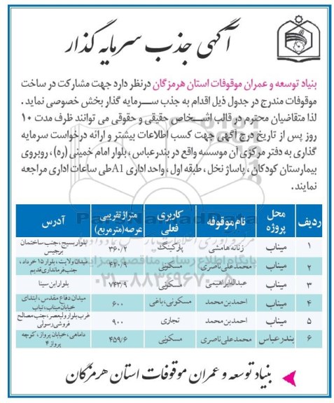 آگهی جذب سرمایه گذار , آگهی جذب سرمایه گذار جهت مشارکت در ساخت موقوفات