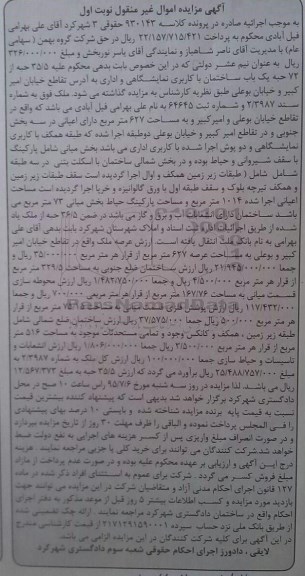 مزایده,مزایده 35.5 حبه از 72 حبه یکباب ساختمان کاربری نمایشگاهی