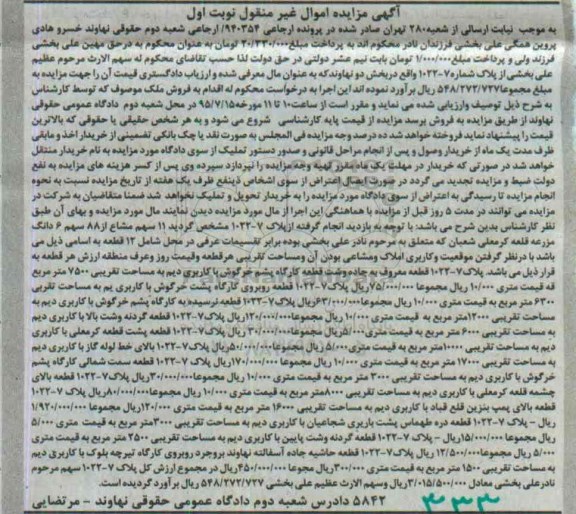 مزایده,مزایده 11 سهم مشاع از 88 سهم ششدانگ مزرعه نوبت اول