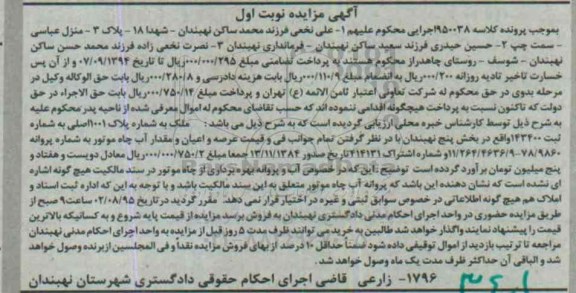 مزایده,مزایده ملک به شماره پلاک 1001 اصلی بخش 5 نهبندان نوبت اول