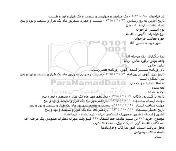 مناقصه خرید ۴۷۵ تن سیم هادی خط انتقال ۲۳۰ کیلو ولت مهران 