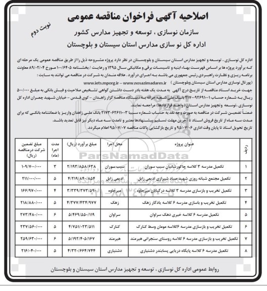 اصلاحیه آگهی فراخوان مناقصه عمومی , فراخوان مناقصه تکمیل مدرسه 3 کلاسه .... اصلاحیه  نوبت دوم 