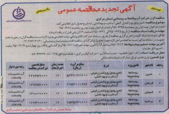 تجدید مناقصه , تجدید مناقصه تامین و توزیع و کنترل کیفی آب شرب و بهداشتی  نوبت اول
