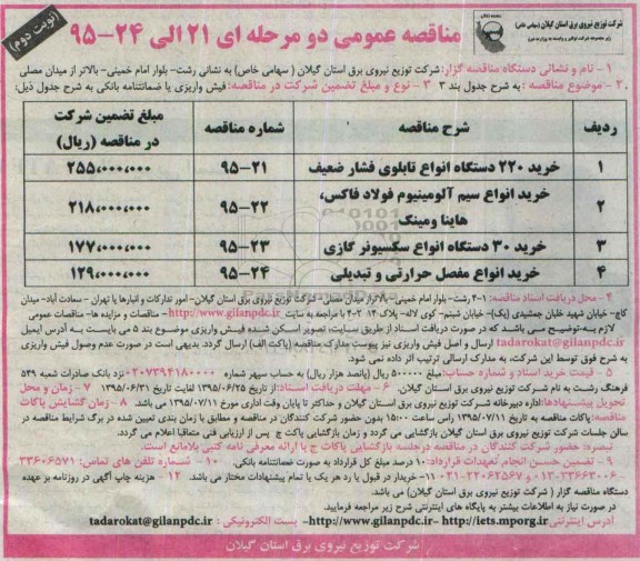 مناقصه عمومی, مناقصه خرید 220 دستگاه انواع تابلوی فشار ضعیف .... نوبت دوم