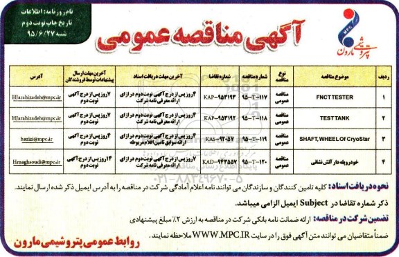 آگهی مناقصه عمومی , مناقصه FNCTTESTER ...- نوبت دوم 