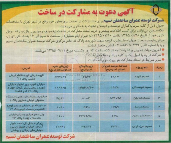 مشارکت در احداث پروژه های خود واقع در شهر تهران