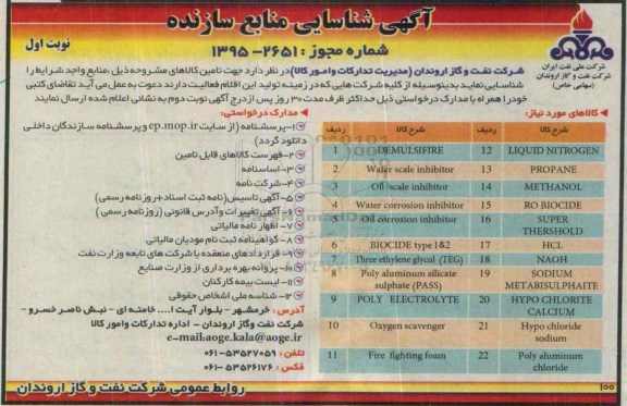 آگهی شناسایی منابع سازنده, مناقصه تامین LIQUID NITROGENو ...