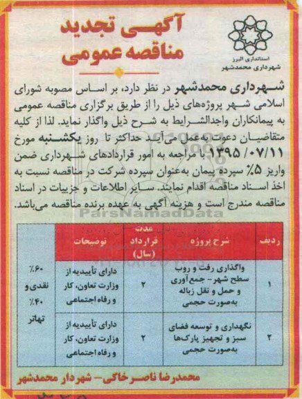 آگهی تجدید مناقصه عمومی , مناقصه واگذاری رفت و روب سطح شهر - جمع اوری و حمل و نقل زباله به صورت حجمی.... تجدید 