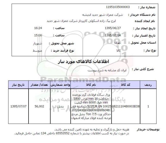 استعلام, استعلام ورق ساده فولادی گرم نوردیده ... 95.06.29