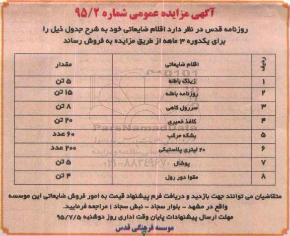 مزایده فروش زینک باطله ......