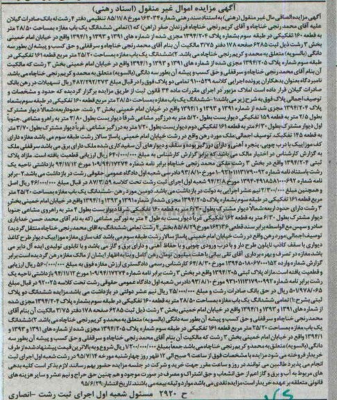 مزایده,مزایده تمامی ششدانگ دو باب مغازه 28.50 و 25.20متر