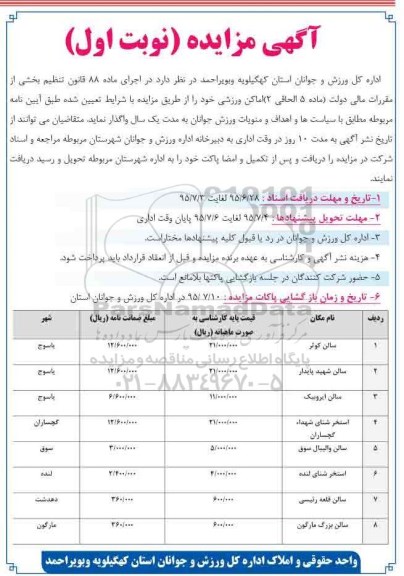 مزایده , مزایده اماکن ورزشی