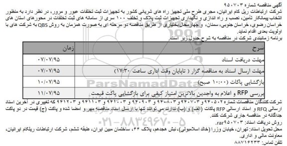 مناقصه تأمین، نصب و راه اندازی و نگهداری تجهیزات ثبت پلاک و تخلف 100 سری .... 