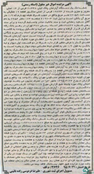 مزایده,مزایده ششدانگ اپارتمان قطعه نوزده تفکیکی